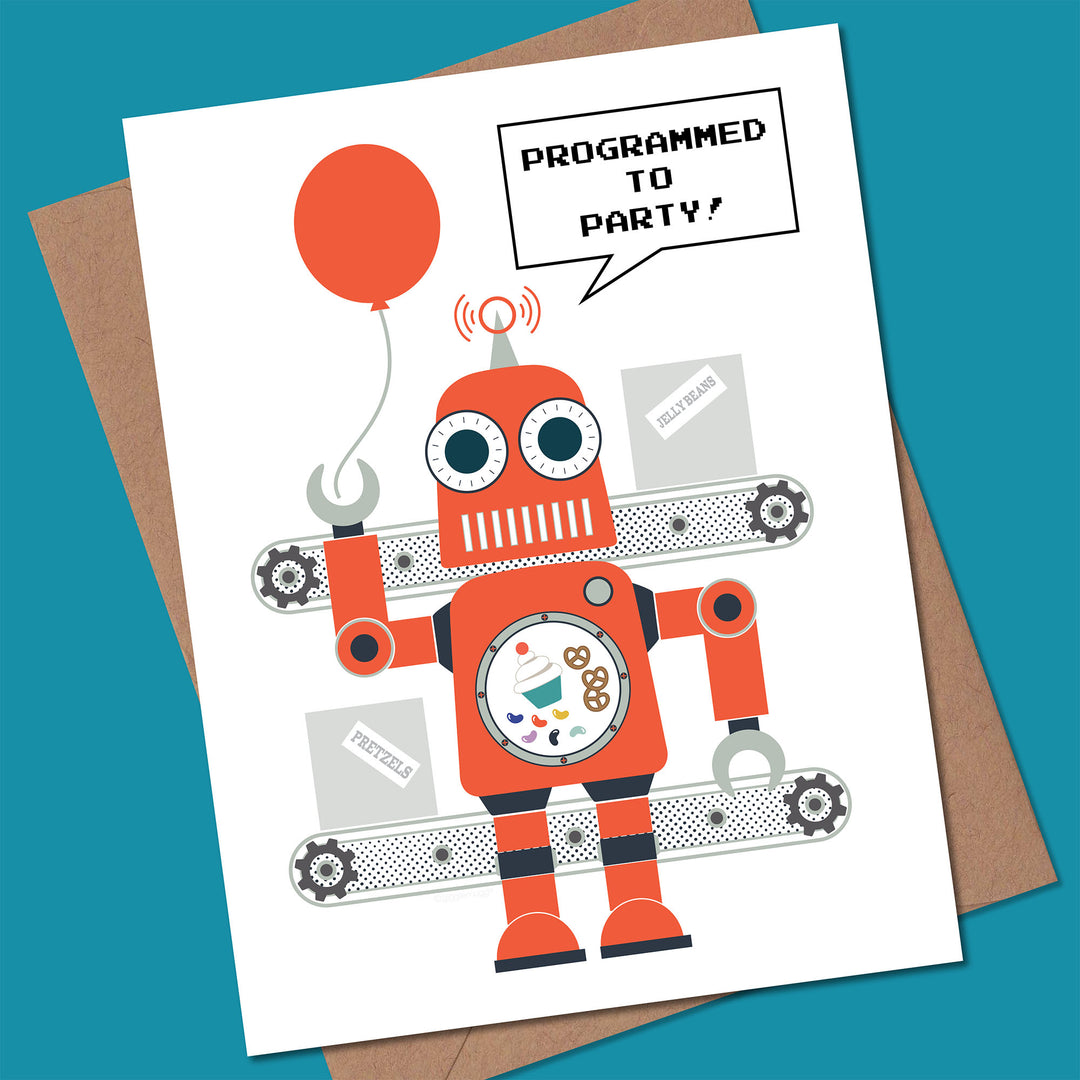 Greeting card with a robot holding a balloon and text &