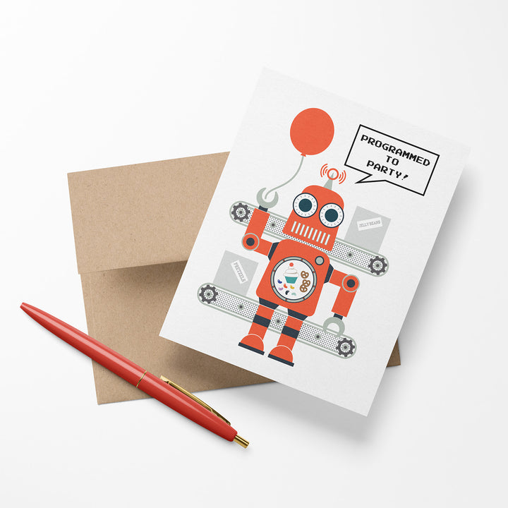 Birthday greeting card with a robot holding a balloon and text &
