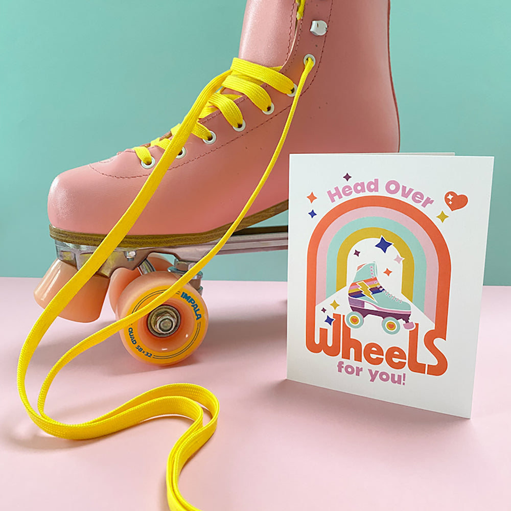 Love card for Valentines Day or anniversary with 80s roller skate design with saying, Head Over Wheels For You by Gigglemugg