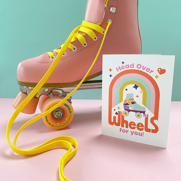 Love card for Valentines Day or anniversary with 80s roller skate design with saying, Head Over Wheels For You by Gigglemugg