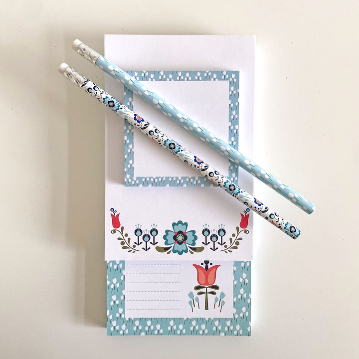 Scandi Floral Notepad and Pencil Set – Modern, Colorful Stationery Gift