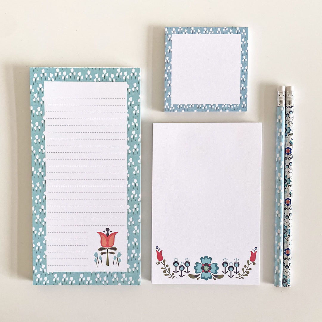 Scandi Floral Notepad and Pencil Set – Modern, Colorful Stationery Gift