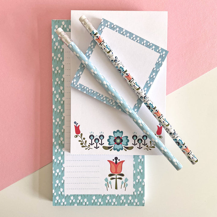 Scandi Floral Notepad and Pencil Set – Modern, Colorful Stationery Gift