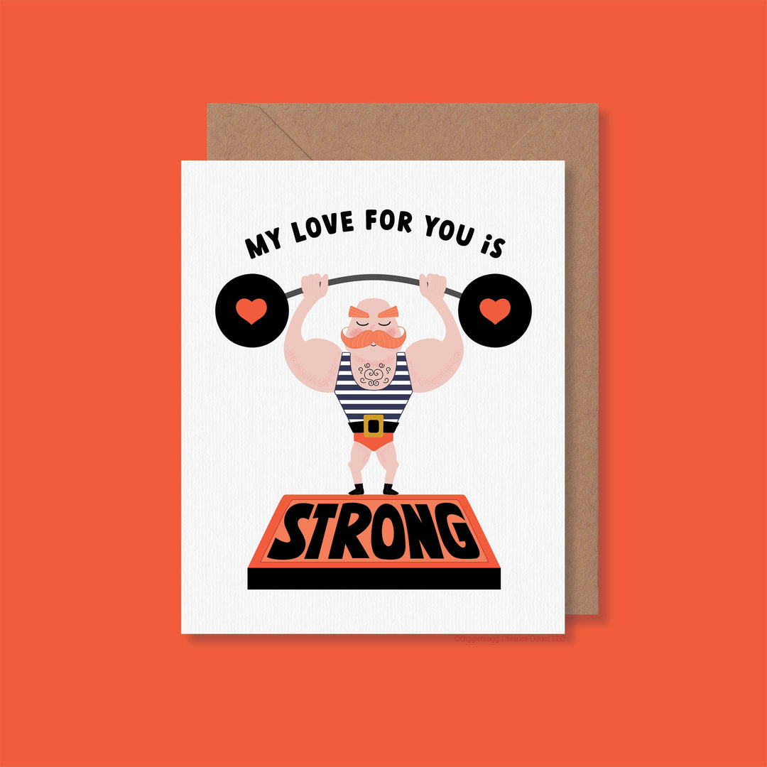 Greeting card with a strongman character lifting weights and text &