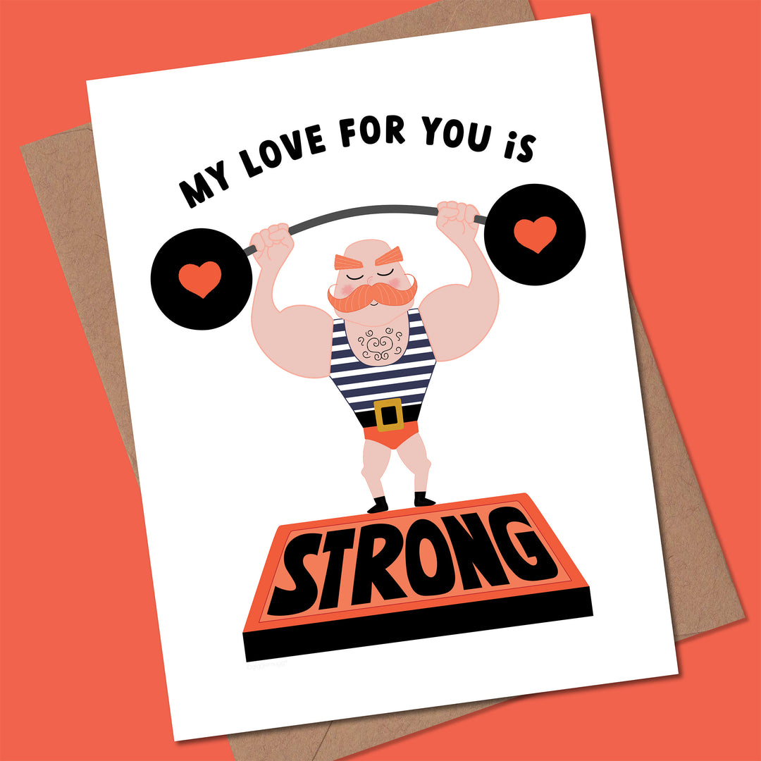 Card with a strongman character lifting weights and text &