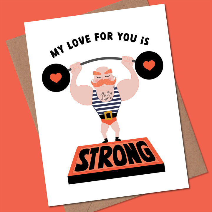 Card with a strongman character lifting weights and text &