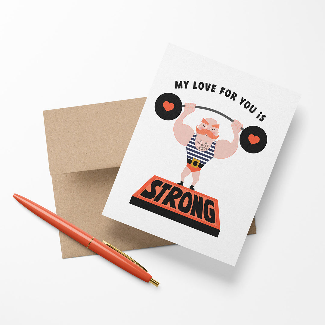 Love card with a strongman character lifting weights and text &