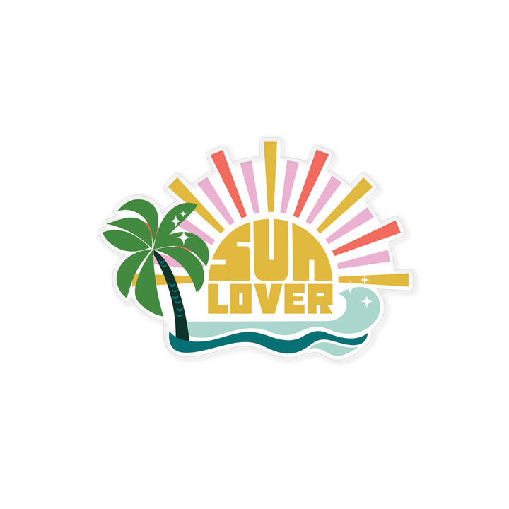 Sun Lover Die-Cut Vinyl Sticker – Illustrated Sun, Palm Tree & Waves