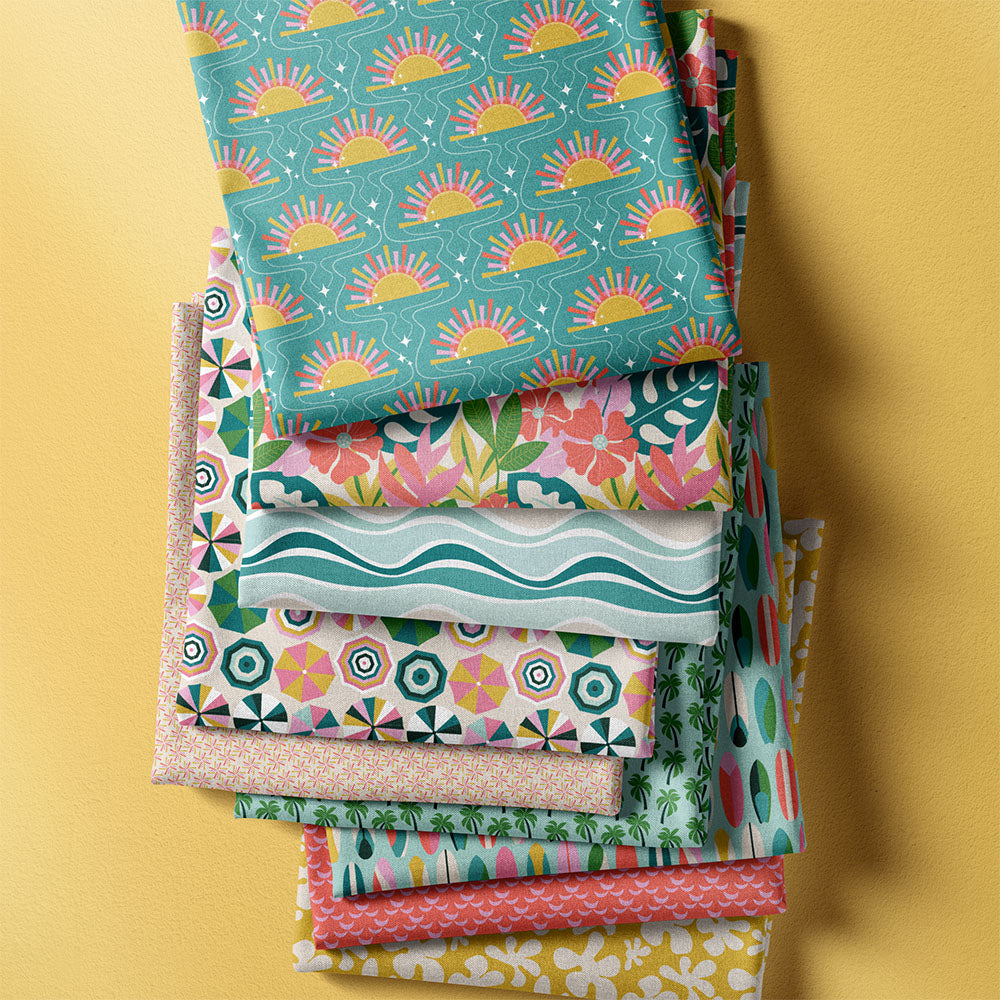 Fabric collection for art licensing featuring 9 coordinating patterns on a yellow background by ©Gigglemugg.