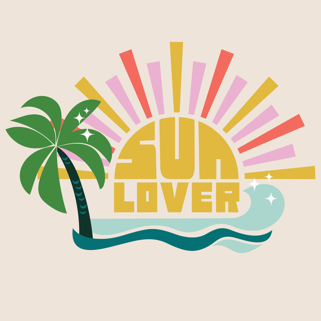 Logo with palm tree, sun, and wave design on a beige background by ©Gigglemugg