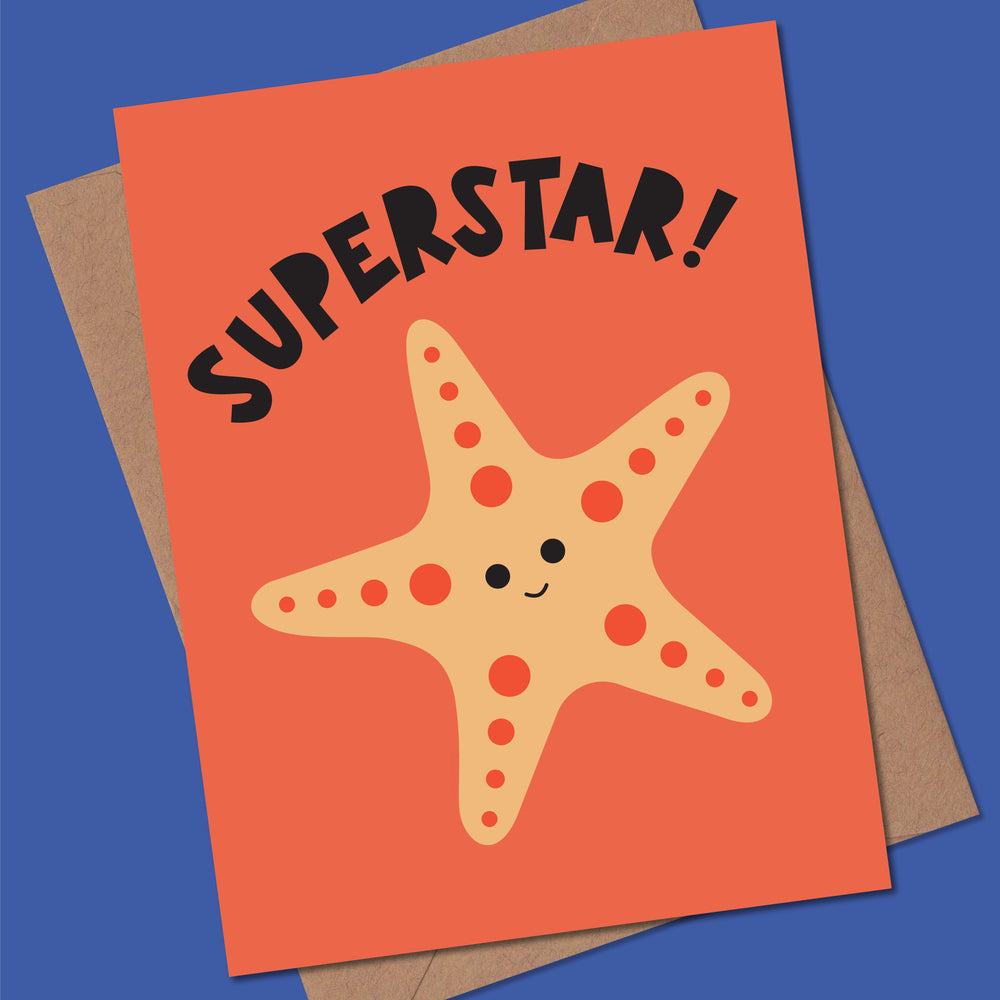 Card with a starfish and 'SUPERSTAR!' text on an orange background