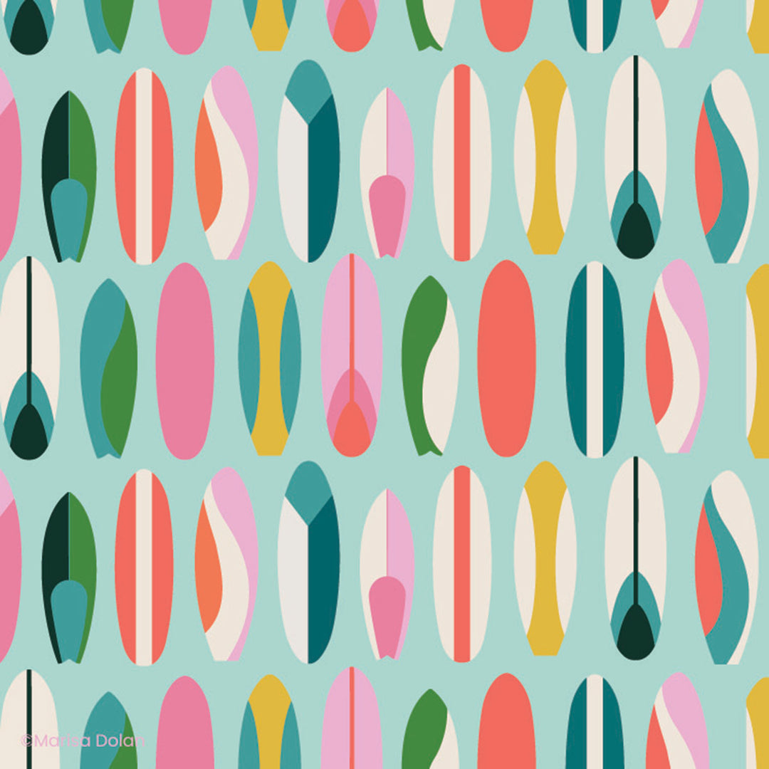 Surface pattern design of colorful abstract surfboards on a light blue background by ©Gigglemugg