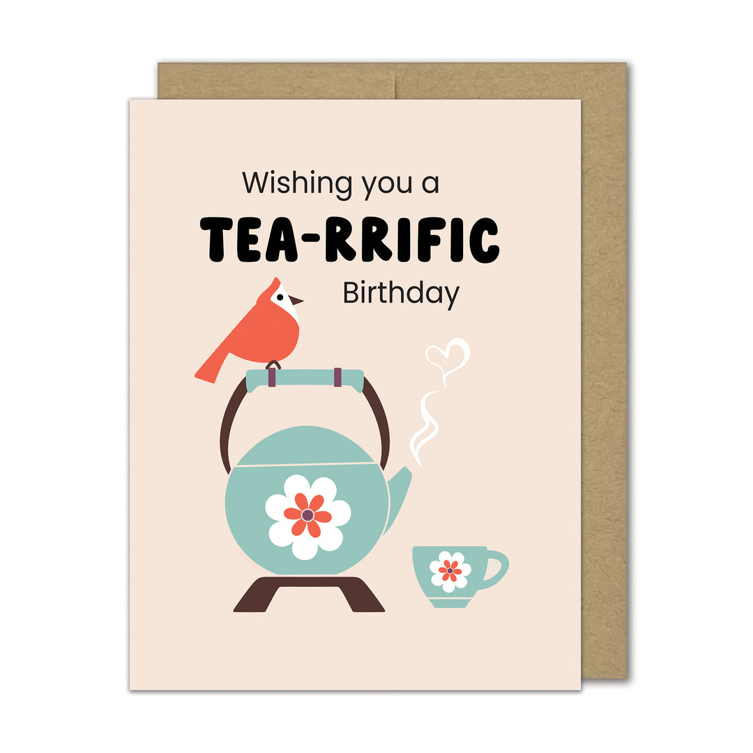 Illustrated birthday card with teapot, cup, and bird illustration on a beige background,