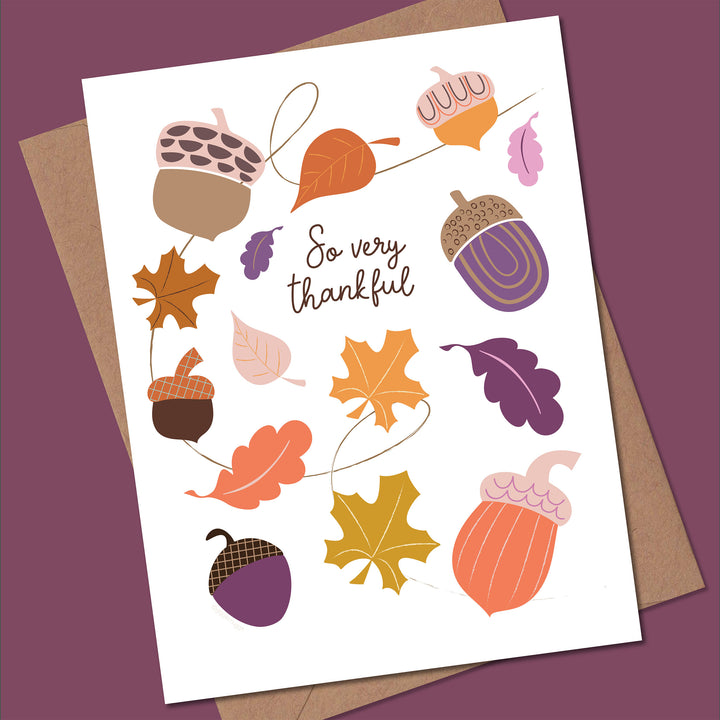 Greeting card with autumn-themed illustrations and &