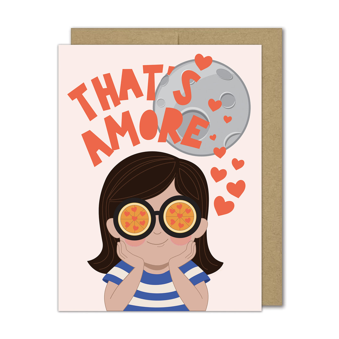 Greeting card with a cartoon girl wearing pizza sunglasses, hearts, and a moon, with &