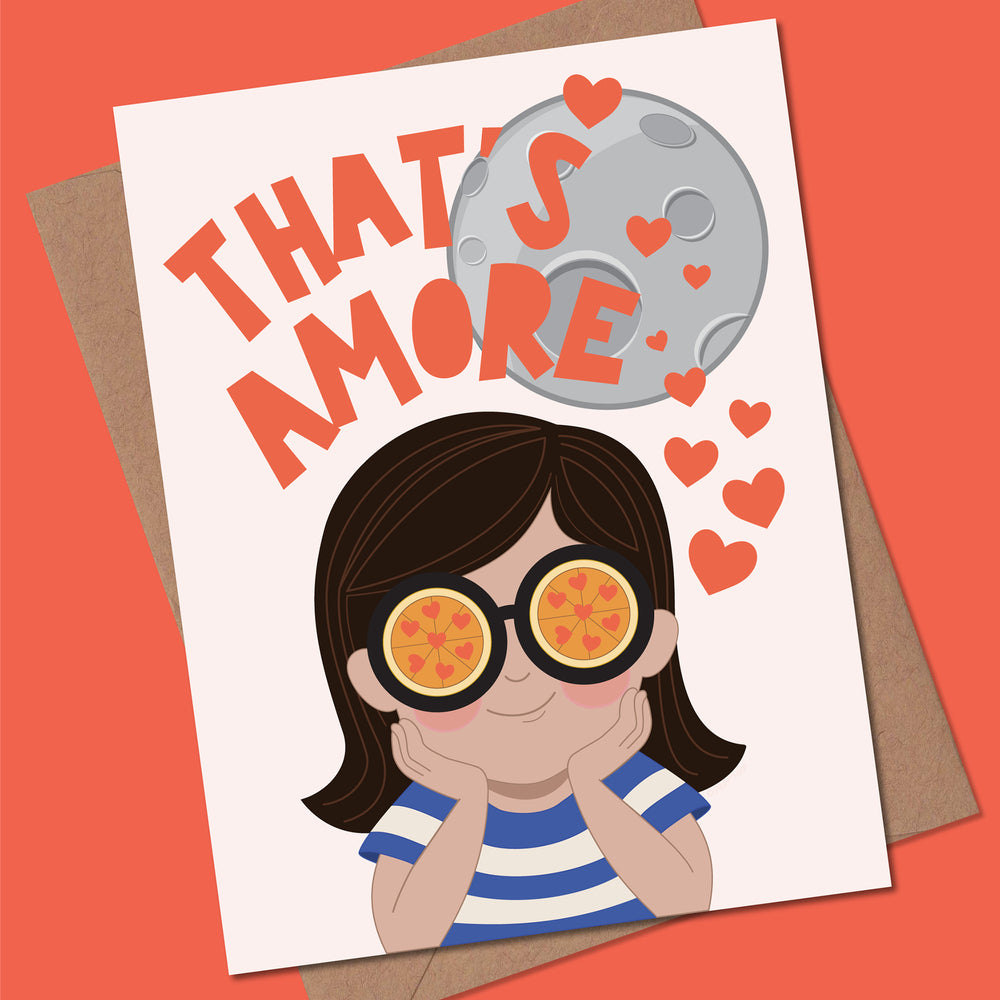 Card with illustration of a person wearing pizza-themed sunglasses and text 'THAT'S AMORE' on a red background