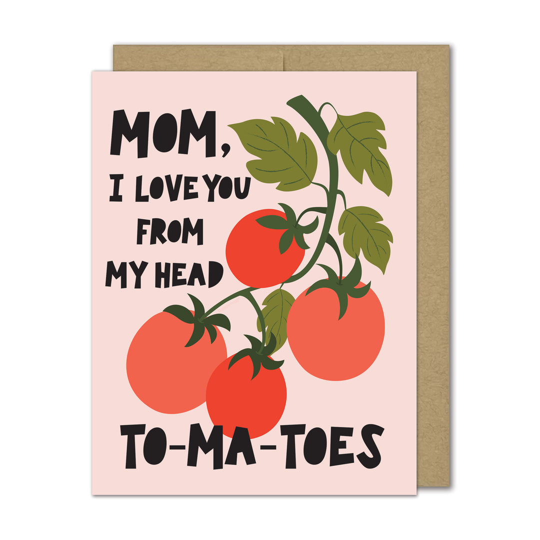 Greeting card with tomatoes and text on a pink background