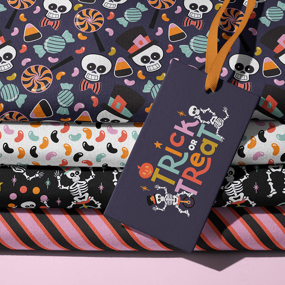 Halloween-themed fabric collection swatches with a 'Trick-or-Treat' tag on a pink background by ©Gigglemugg