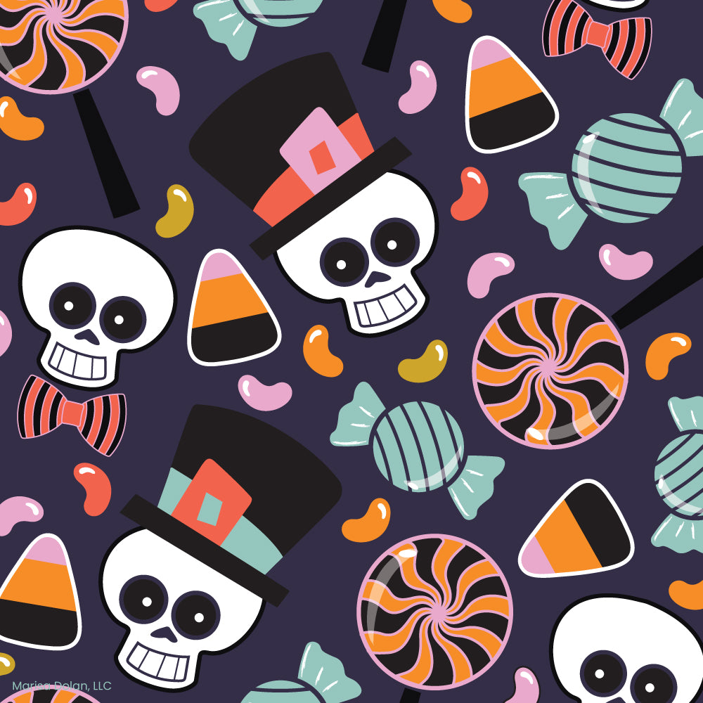 Halloween-themed pattern with skulls, candy, and lollipops on a dark background by ©Gigglemugg