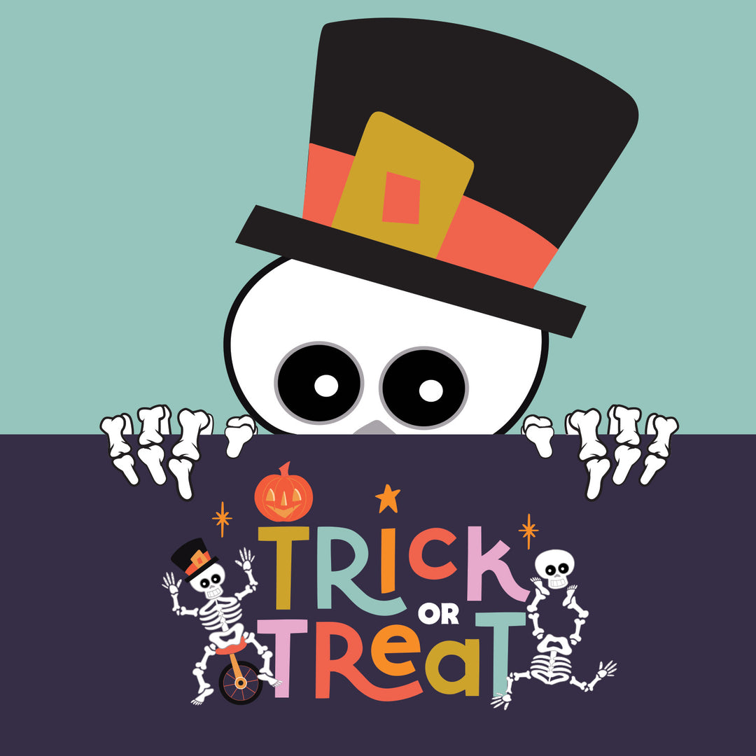 Halloween spot graphic featuring a skeleton character wearing a top hat with 'Trick or Treat' text on a blue background designed by ©Gigglemugg