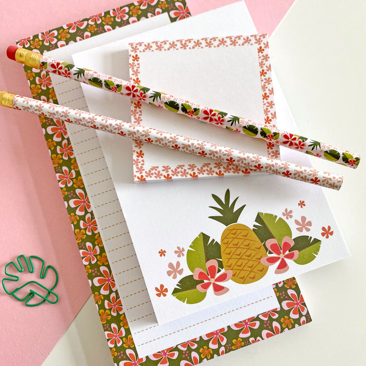 Tropical Pineapple Notepad & Pencil Set – Stationery Gift