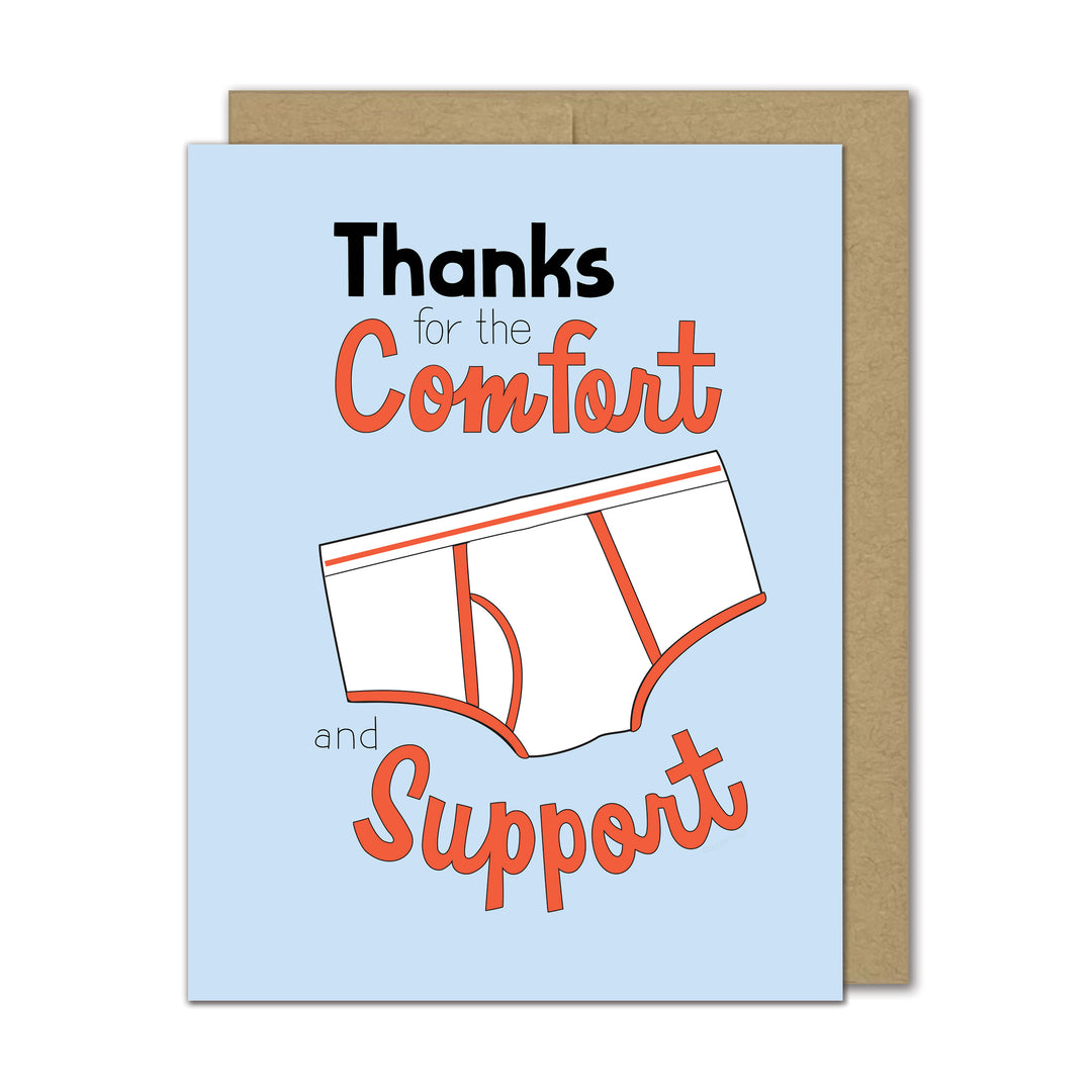 Card with underwear illustration and text 'Thanks for the Comfort and Support' on a light blue background.