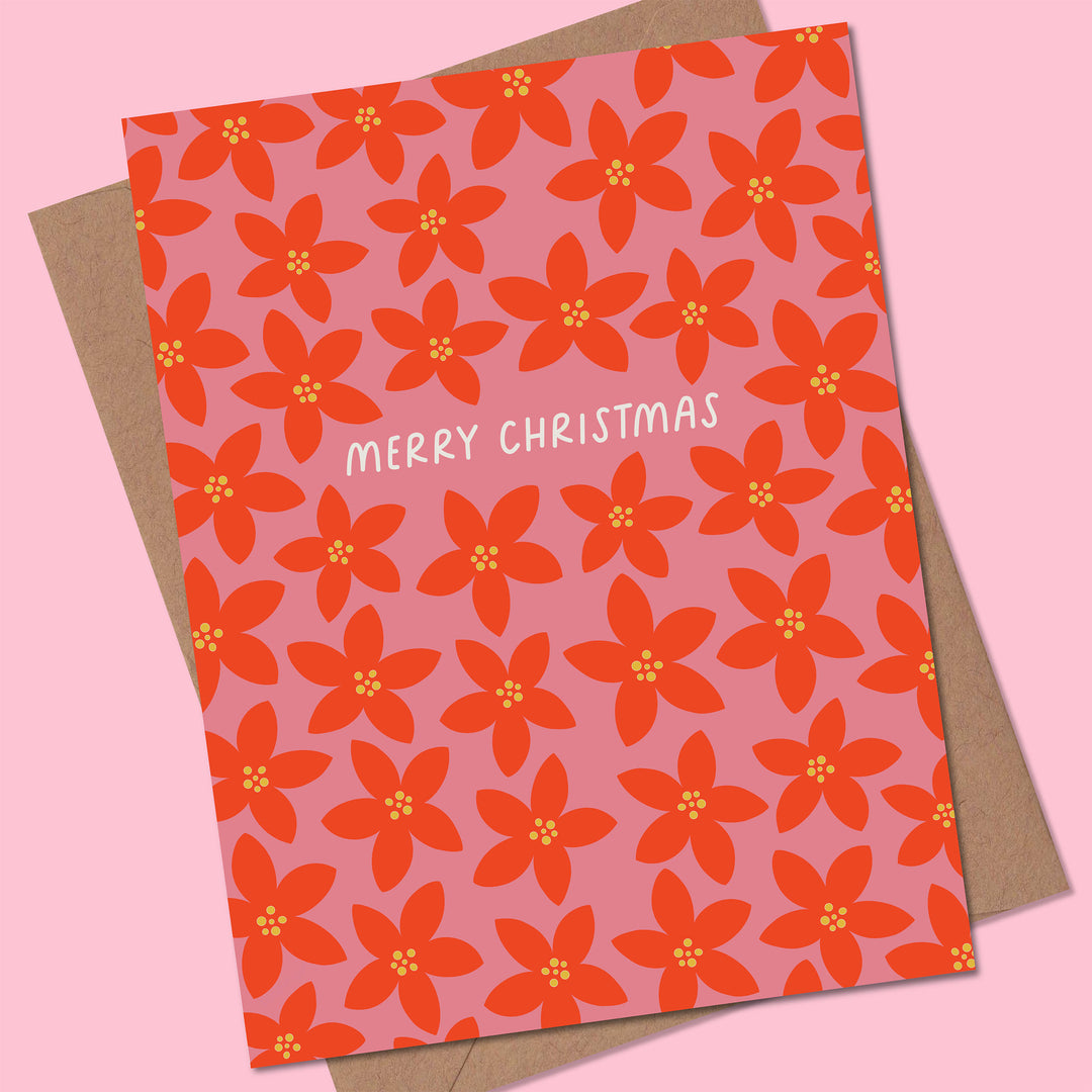 Greeting card with red floral pattern and &