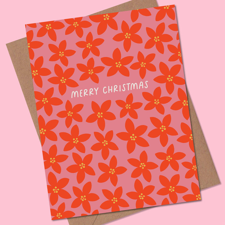 Greeting card with red floral pattern and &