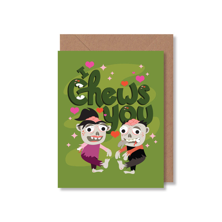 Zombie love illustrated greeting card featuring hand lettering with saying, "I chew you" for Halloween or anniversary by Gigglemugg®