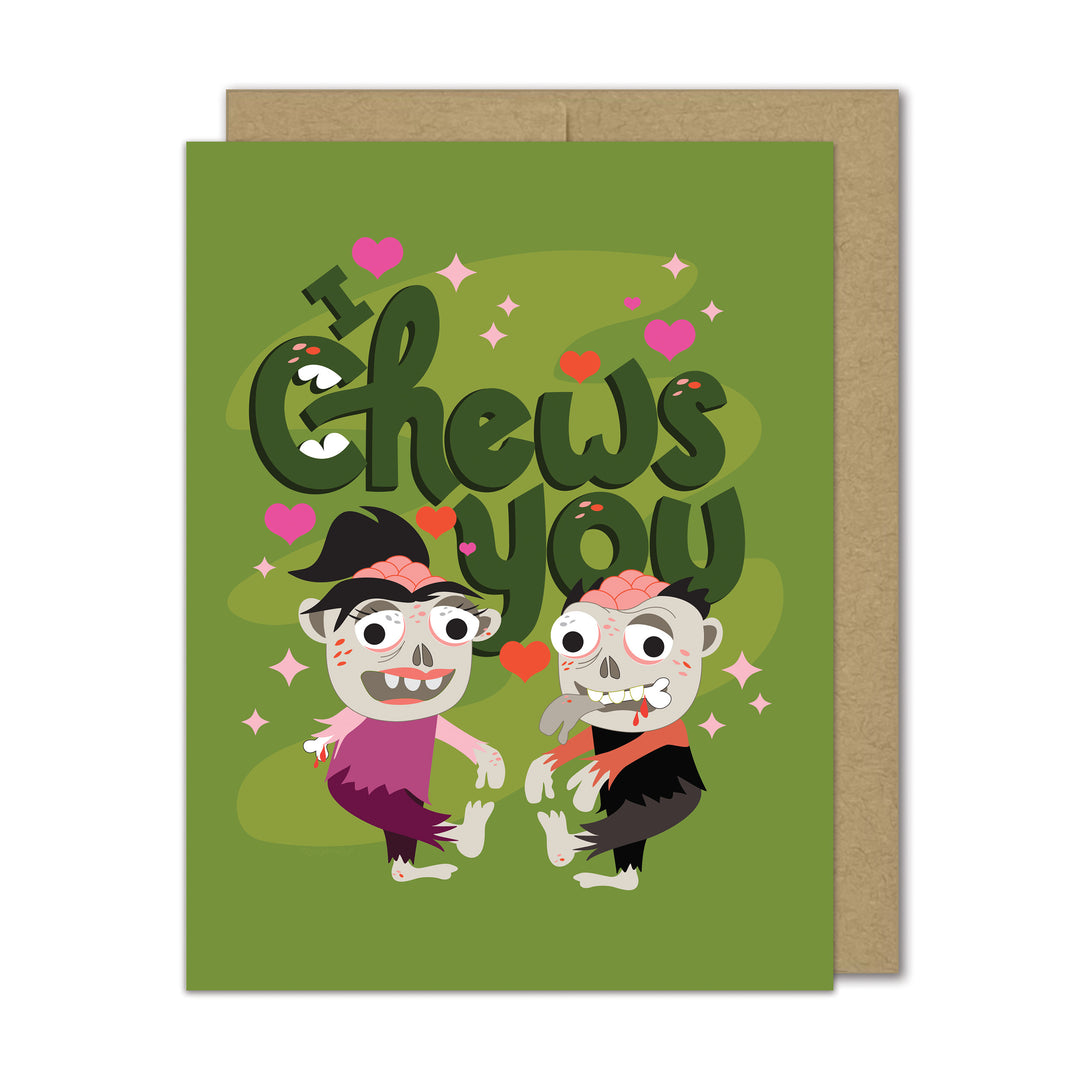 Greeting card with cartoon zombie characters and 'I Chews You' text on a green background