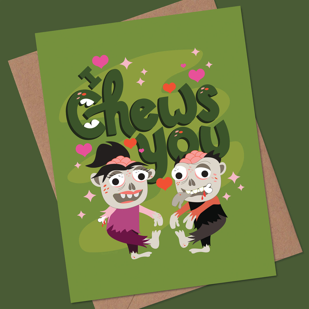 Card with cartoon zombie characters and text &