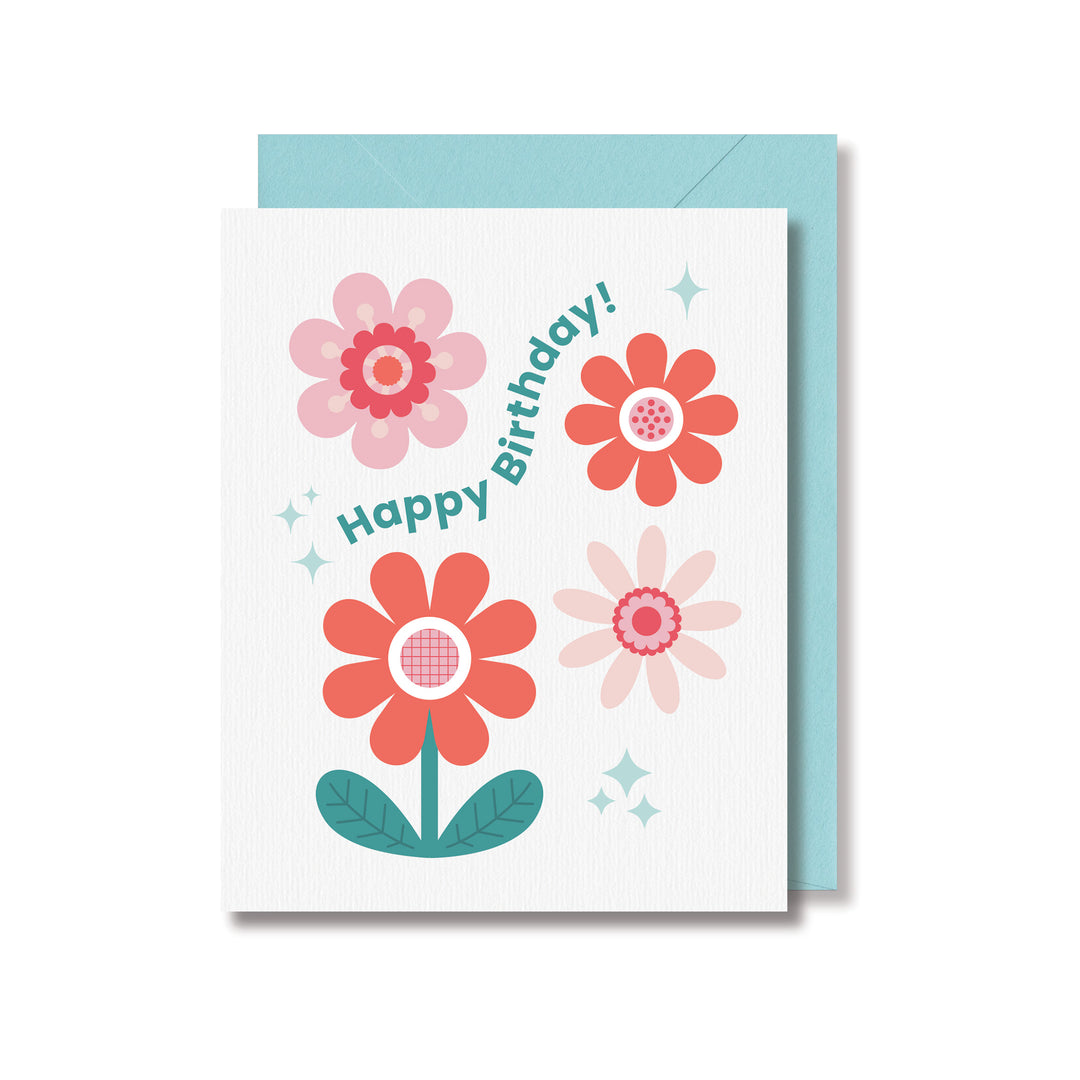 Modern floral birthday card with simple daisy illustration and Happy Birthday text with an aqua envelope.