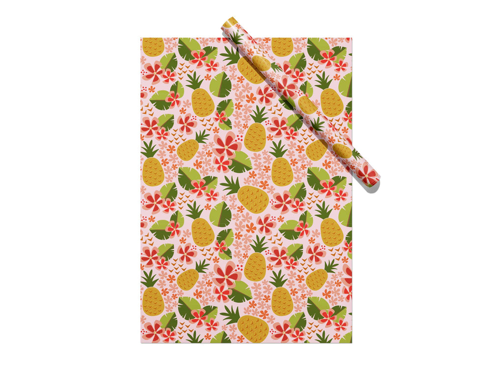 Pink pineapple wrapping paper sheets featuring a tropical pineapple pattern by Giggemugg.